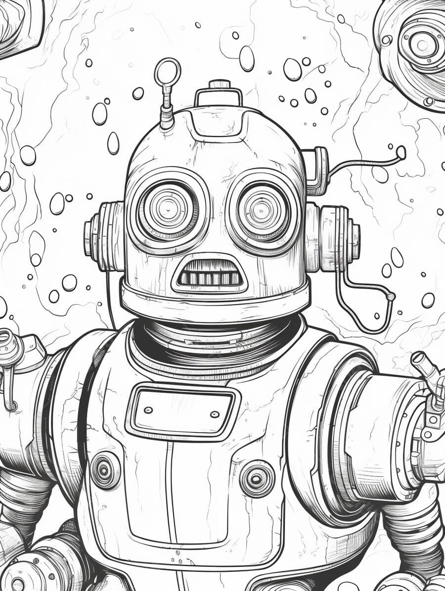 Robô vintage com olhos grandes ilustração preto e branco estilo quadrinhos