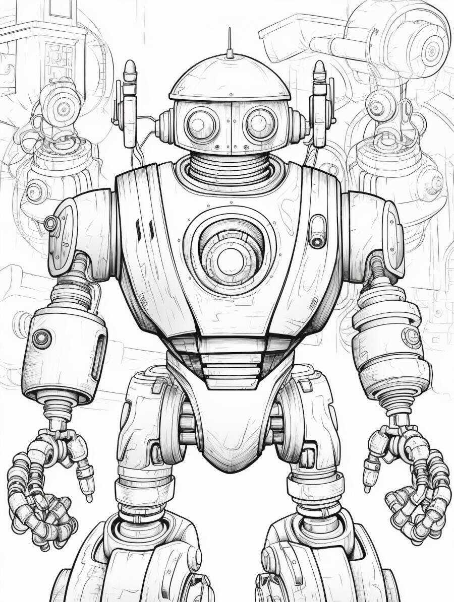 Robô vintage detalhado desenho para colorir estilo ficção científica