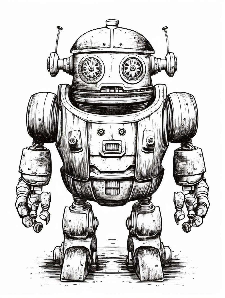 Robô vintage ilustração preto e branco estilo desenho animado