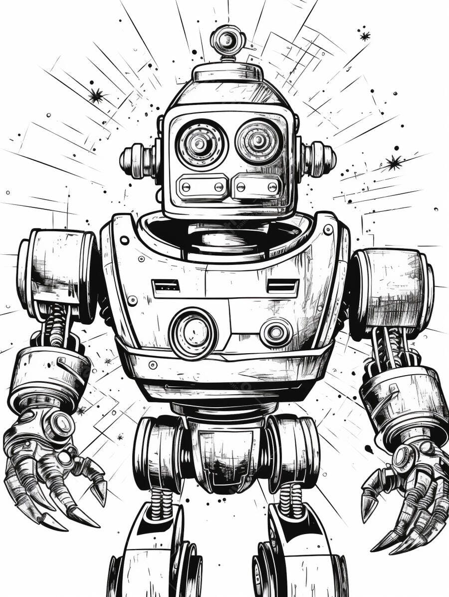 Robô vintage ilustração em preto e branco conceito futurista
