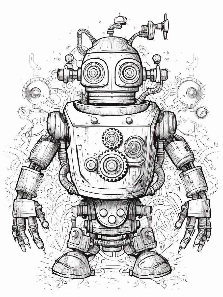 Robô de desenho estilo steampunk com engrenagens e detalhes mecânicos