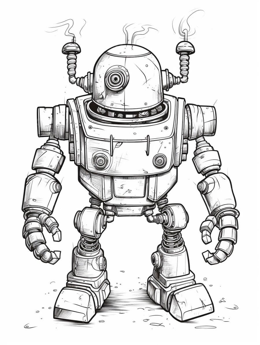 Robô vintage divertido desenho linha preta e branca com vapor