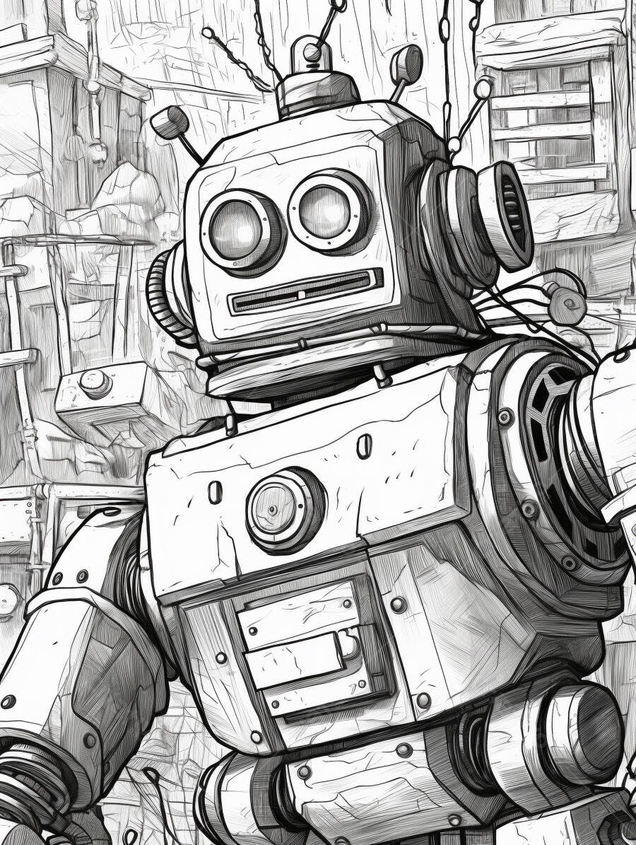 Robô vintage estilo desenho animado em cenário urbano industrial monocromático