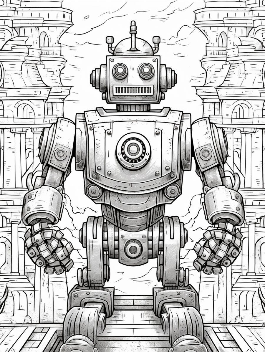 Robô vintage em desenho para colorir com fundo arquitetônico detalhado