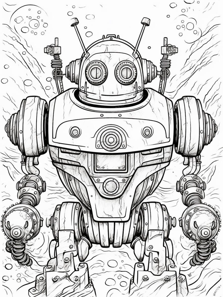 Robô vintage steampunk em fundo espacial página para colorir