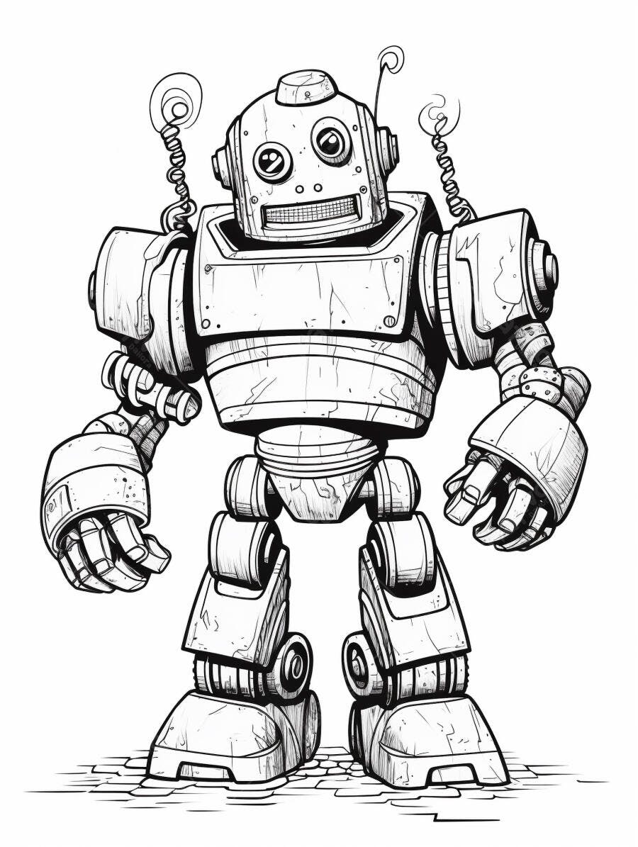 Robô vintage de desenho animado preto e branco com antenas