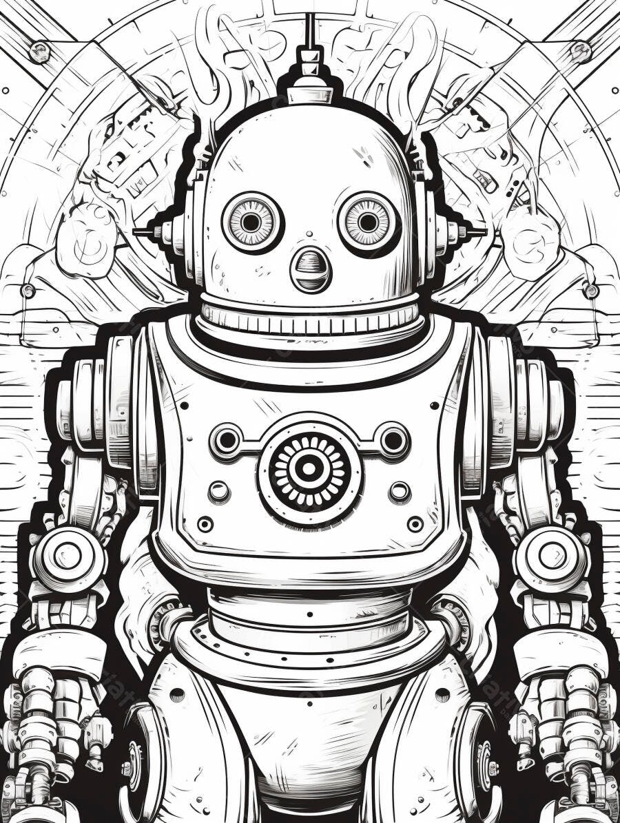 Robô estilo vintage com detalhes mecânicos em desenho preto e branco