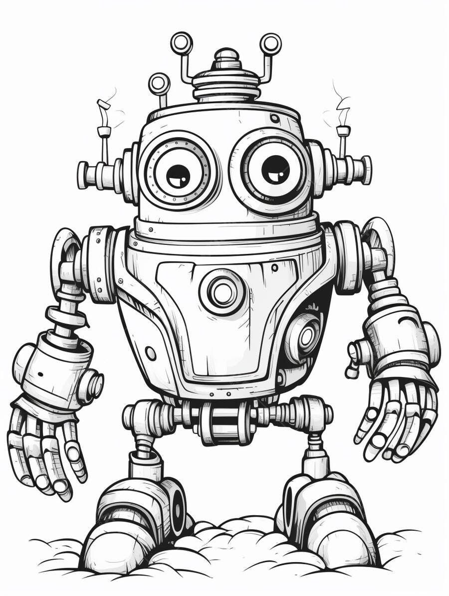 Robô ilustração vintage preto e branco olhos grandes e antenas
