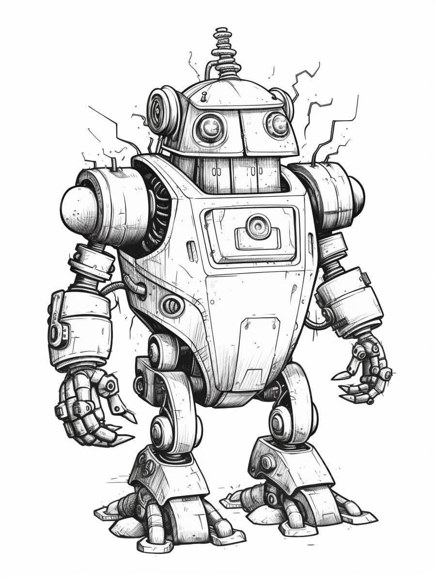 Robô vintage ilustração desenhada em preto e branco contorno