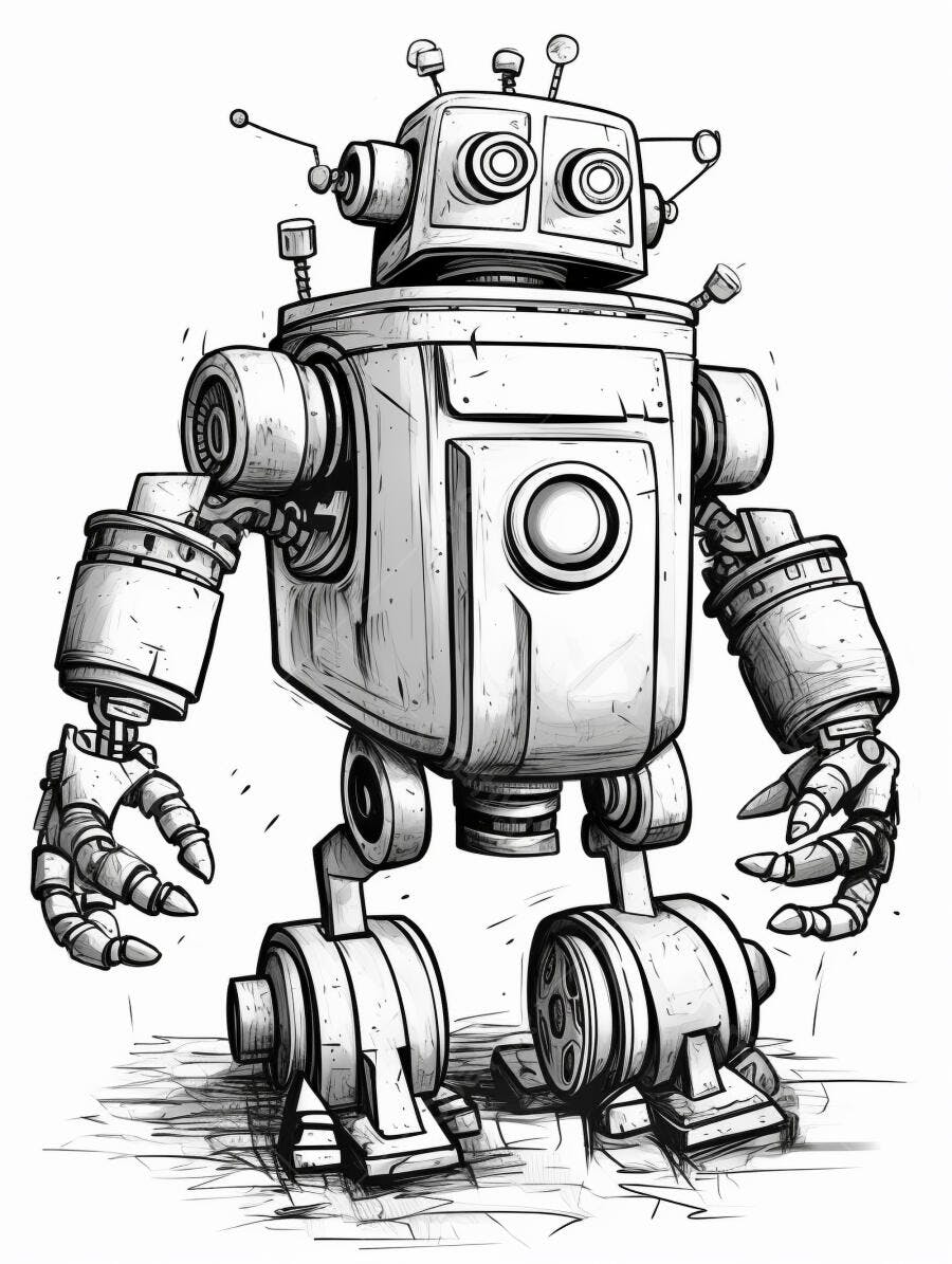 Robô vintage ilustrado em preto e branco com antenas e corpo mecânico
