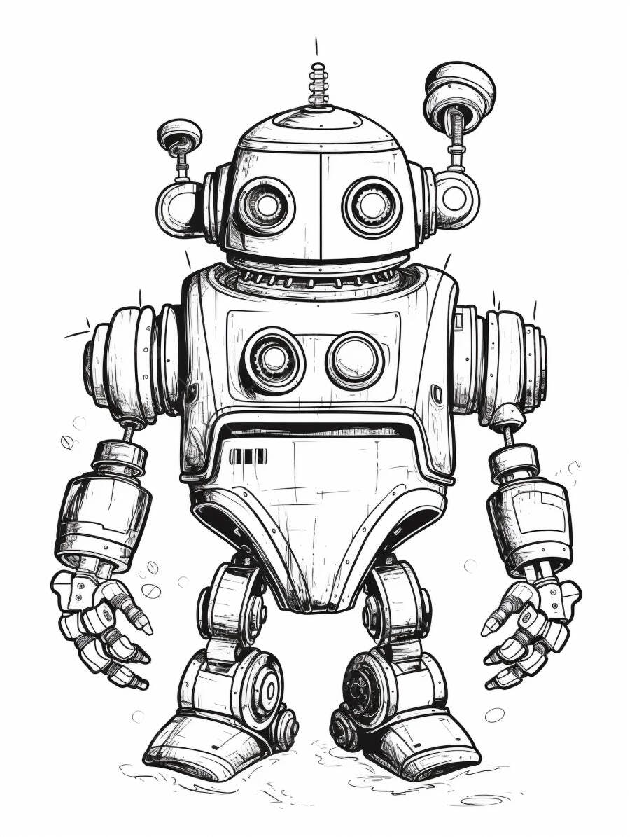Robô vintage desenho cartoon divertido ilustração para colorir