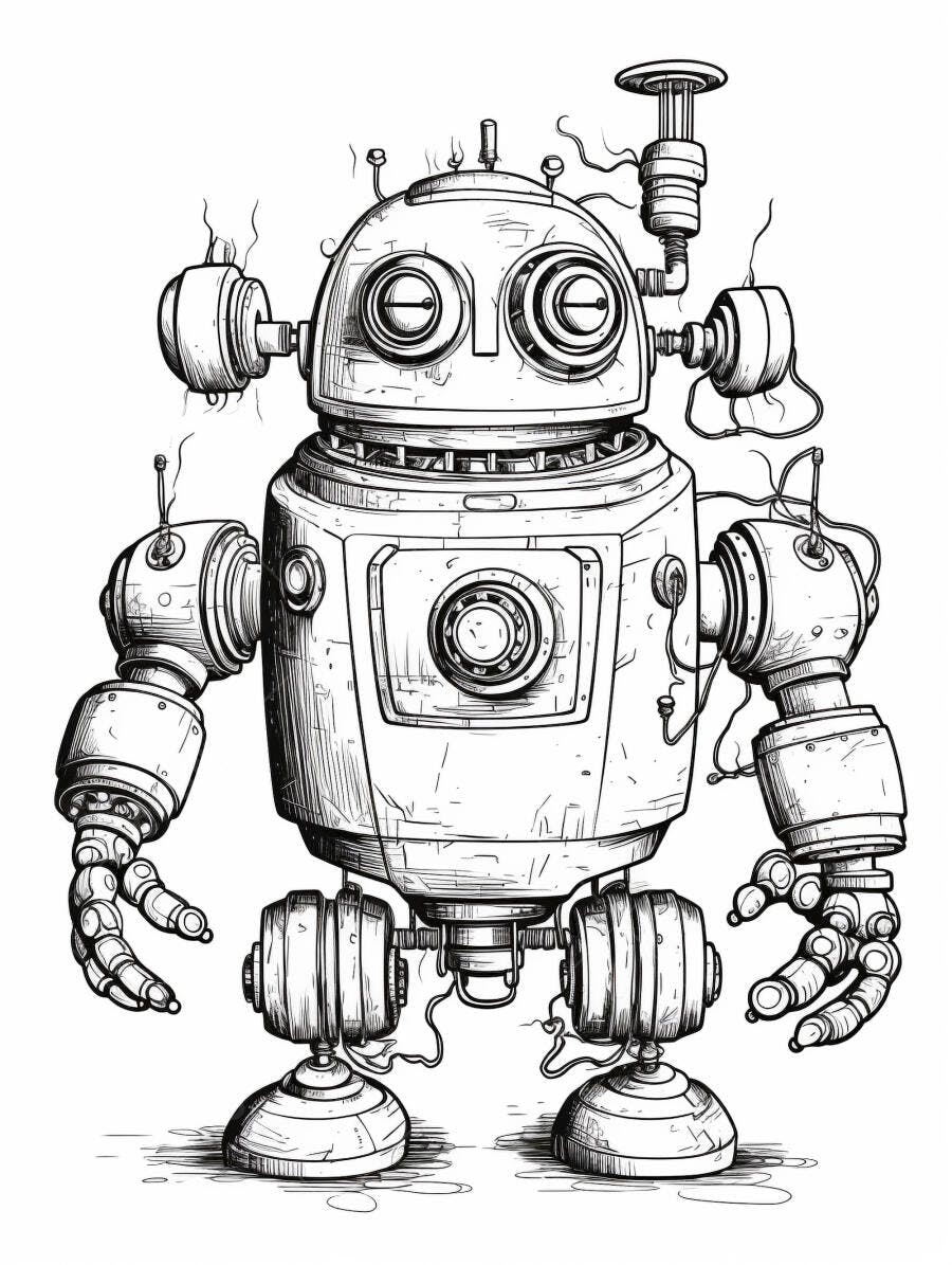 Robô estilo vintage ilustração preto e branco com detalhes mecânicos