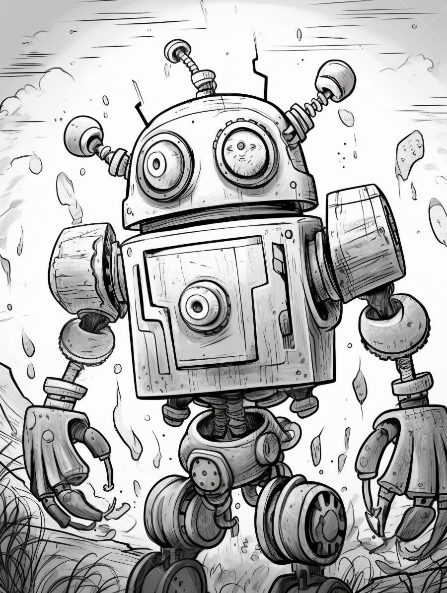 Robô de desenho animado monocromático em cenário externo com detritos voando
