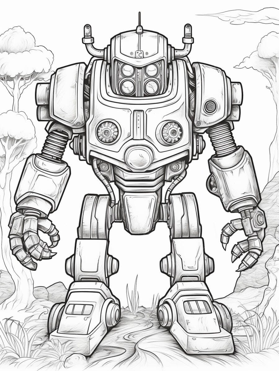 Robô mecânico grande em trilha florestal ilustração para colorir