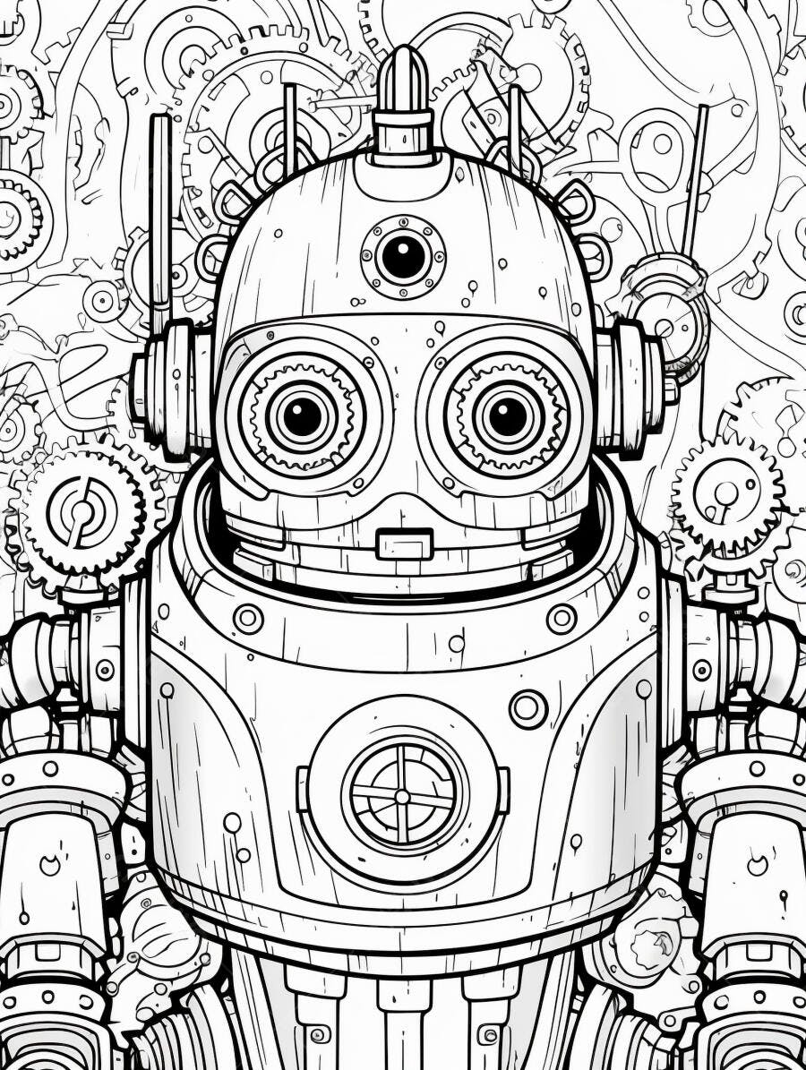 Robô steampunk detalhado com engrenagens e tubos em ilustração preto e branco
