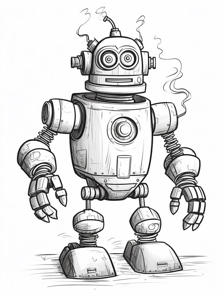 Robô retrô com fumaça desenho cartoon metalizado em preto e branco