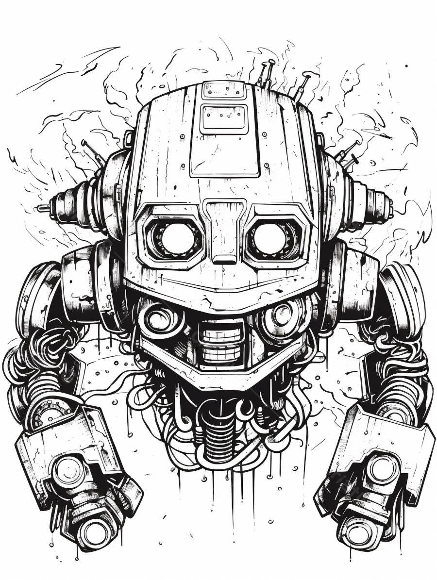 Robô cabeça e braços mecânicos detalhados ilustração preto e branco
