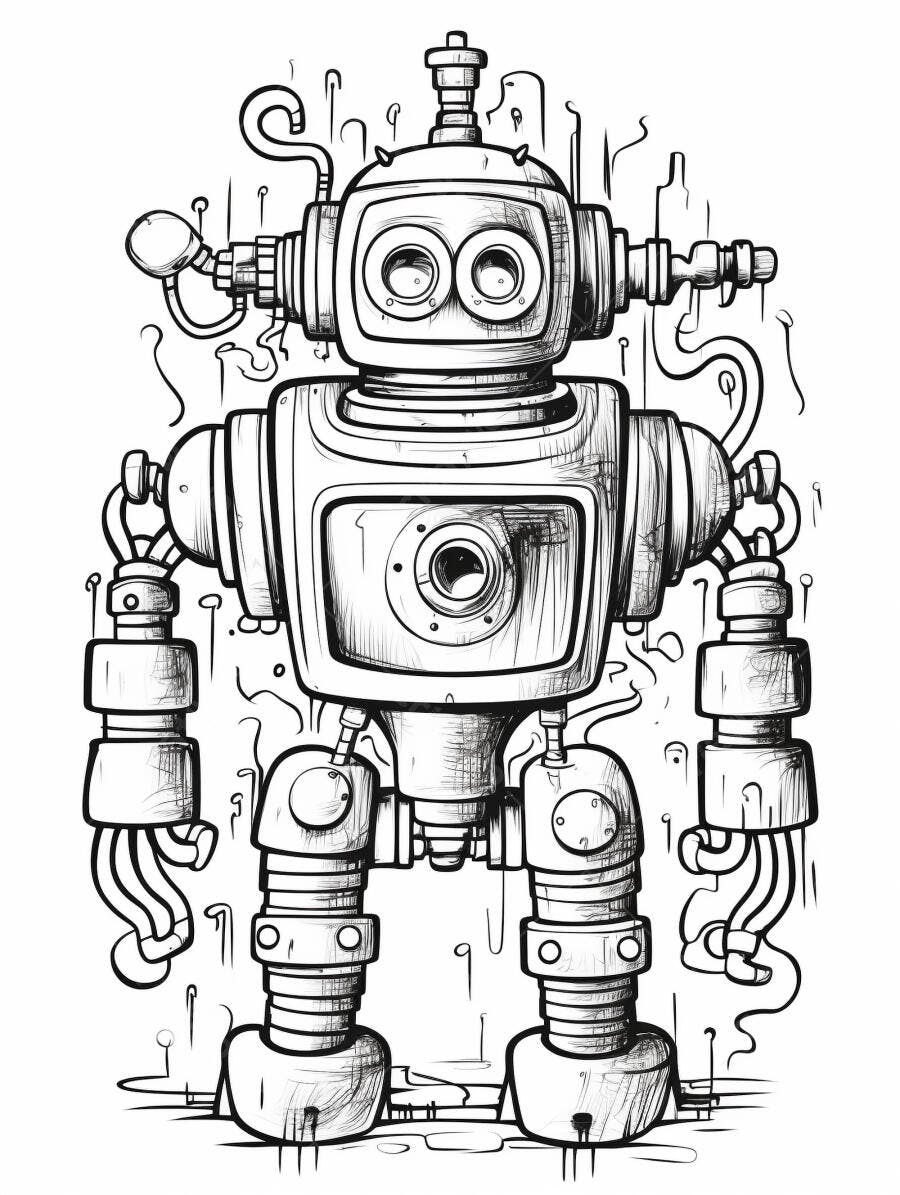 Robô vintage linha preta e branca ilustração digital detalhada