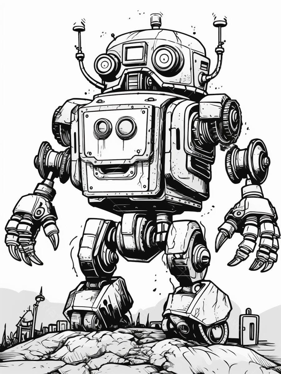 Robô mecânico robusto estilo cyberpunk em desenho preto e branco paisagem futurista