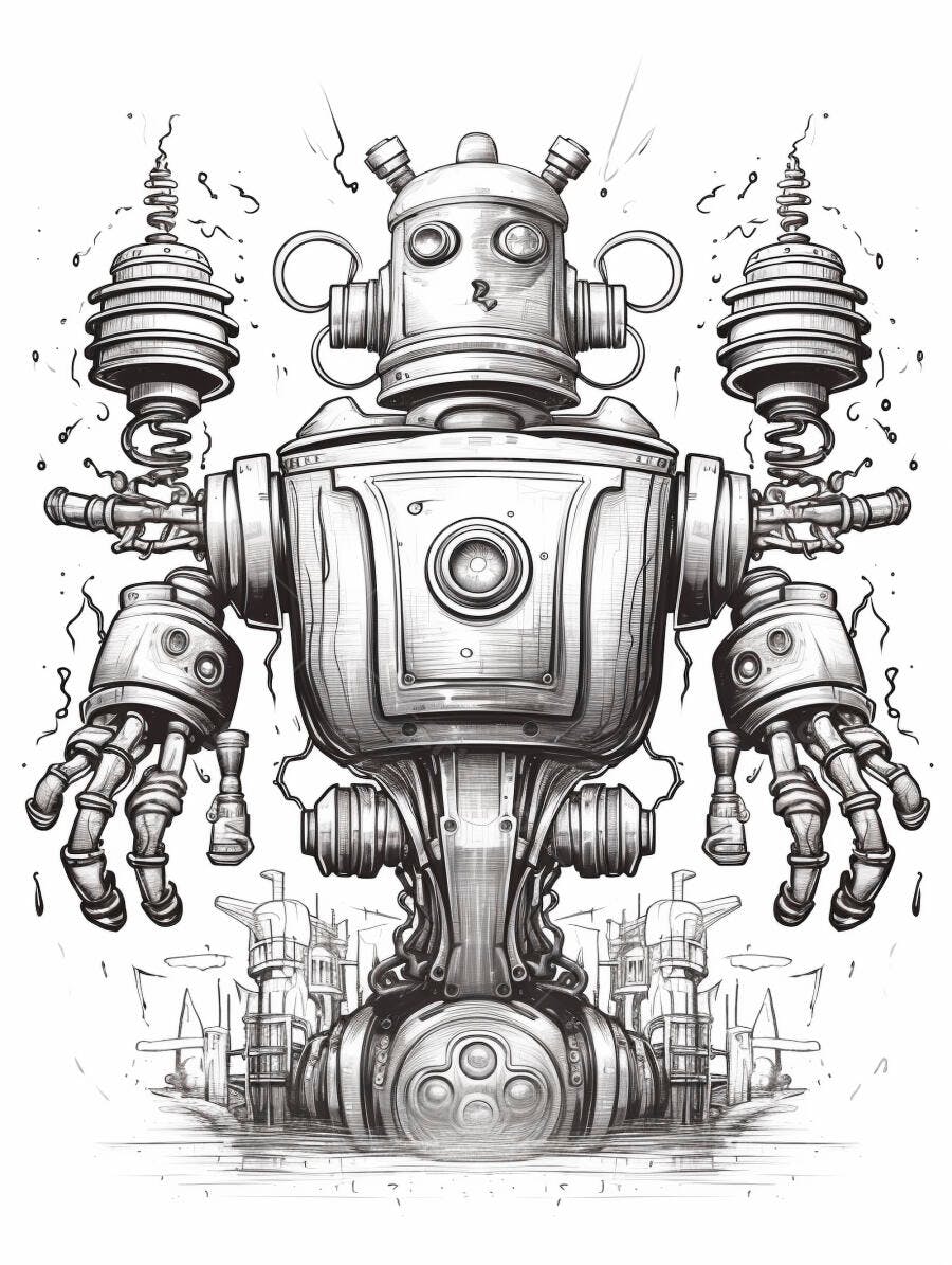 Robô steampunk vintage detalhado com fundo industrial em ilustração
