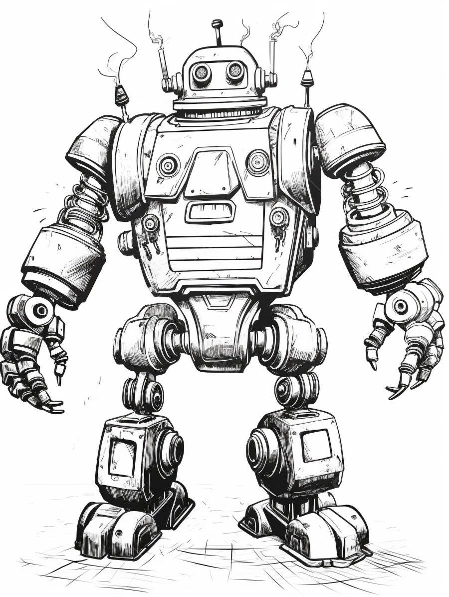Robô antigo ilustração monocromática com fumaça e detalhes mecânicos