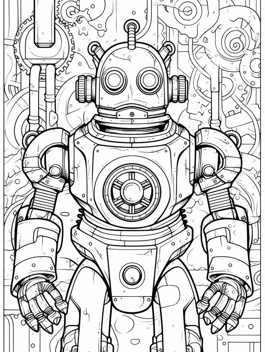 Robô vintage detalhado com engrenagens e tubos fundo branco