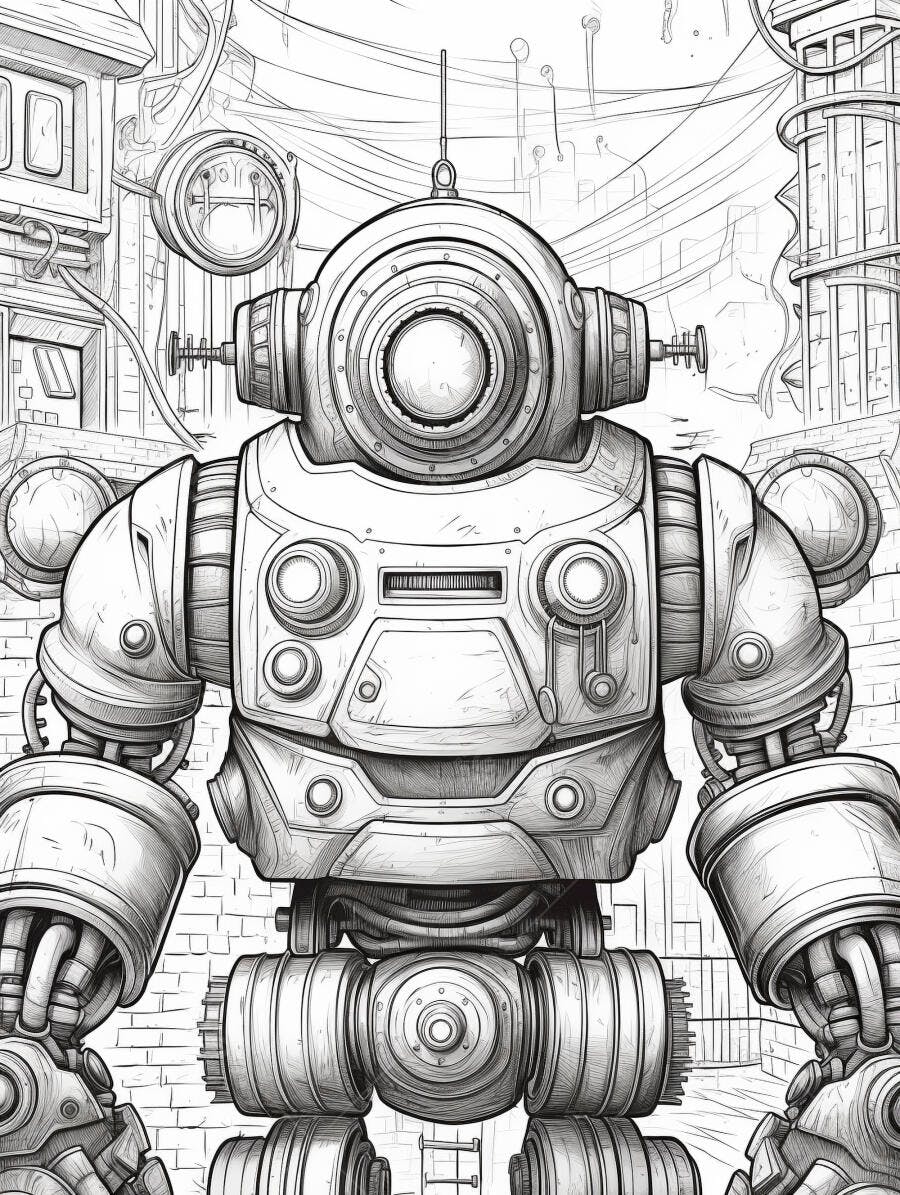 Robô steampunk gigante em cidade industrial futurista ilustração p&b