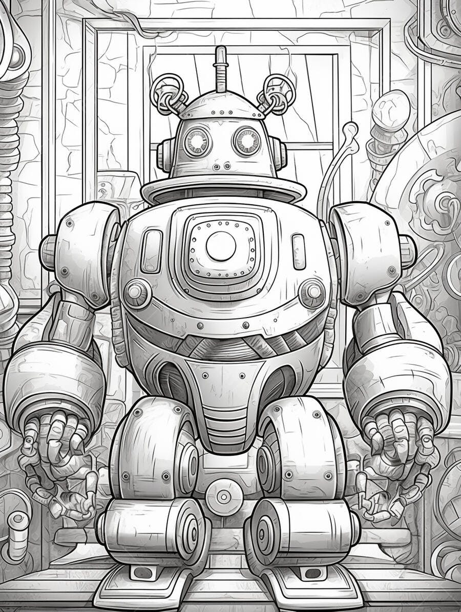 Robô detalhado estilo vintage para colorir em fundo mecânico
