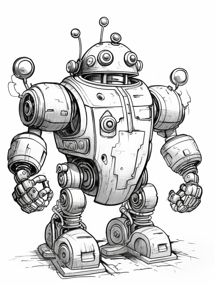 Robô vintage detalhado em desenho estilo quadrinhos preto e branco