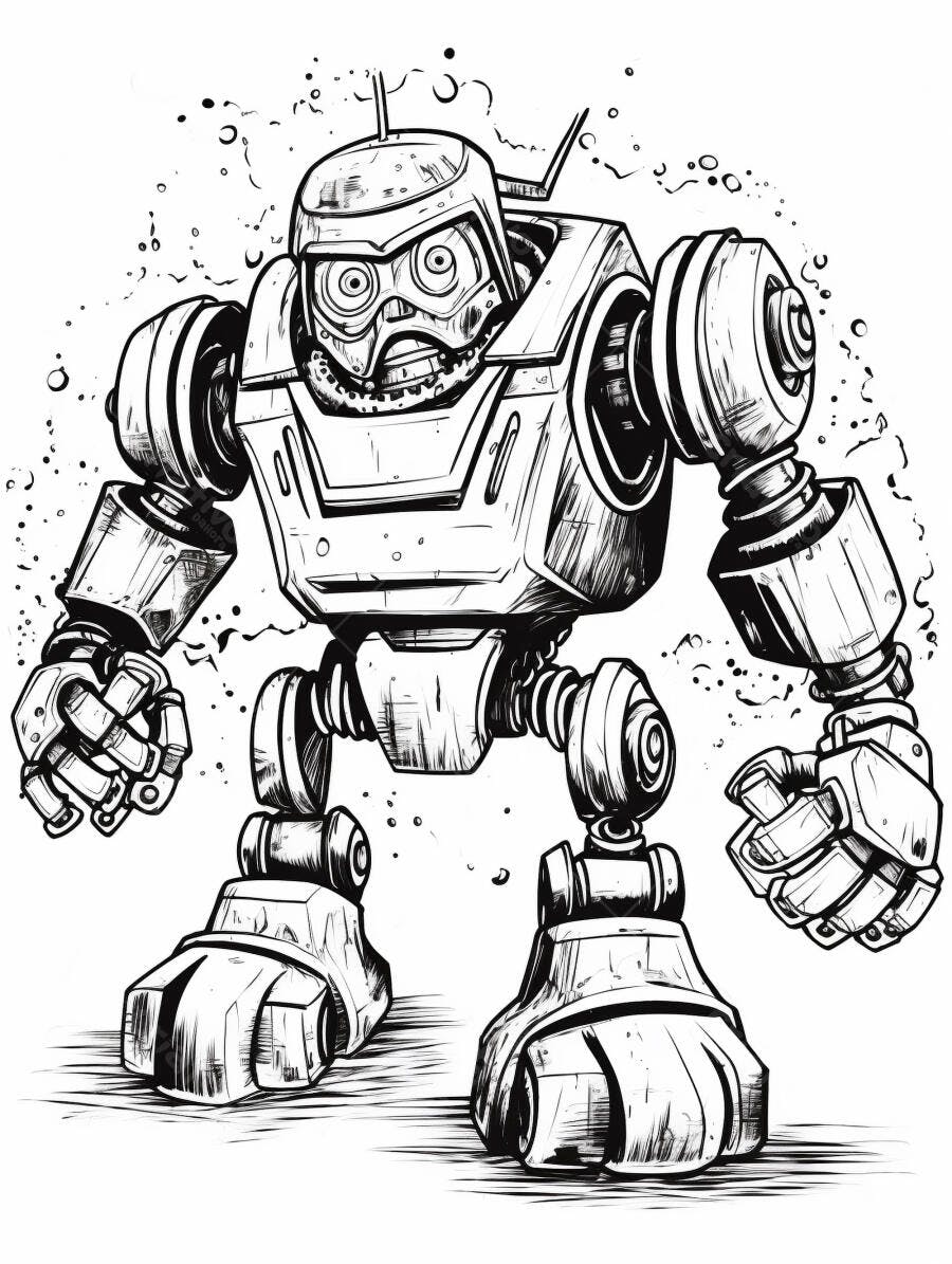 Robô estilo desenho animado com punhos cerrados em preto e branco