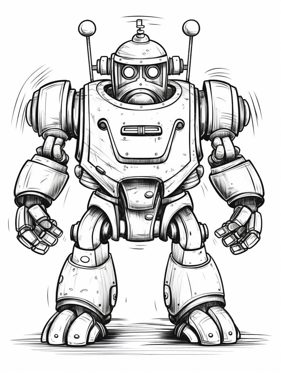 Robô de desenho animado vintage em preto e branco com antenas