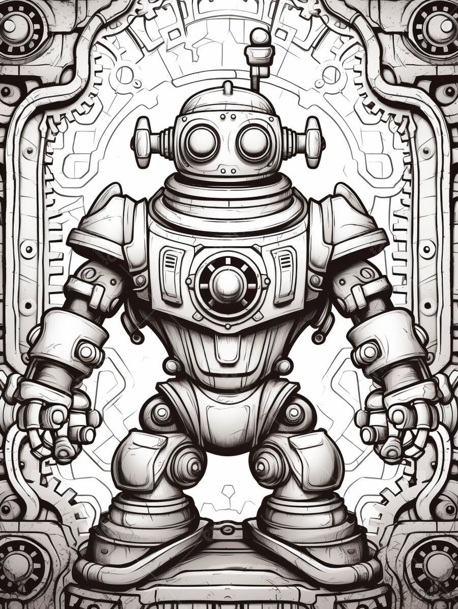 Robô steampunk vintage detalhado em estilo ilustração monocromática