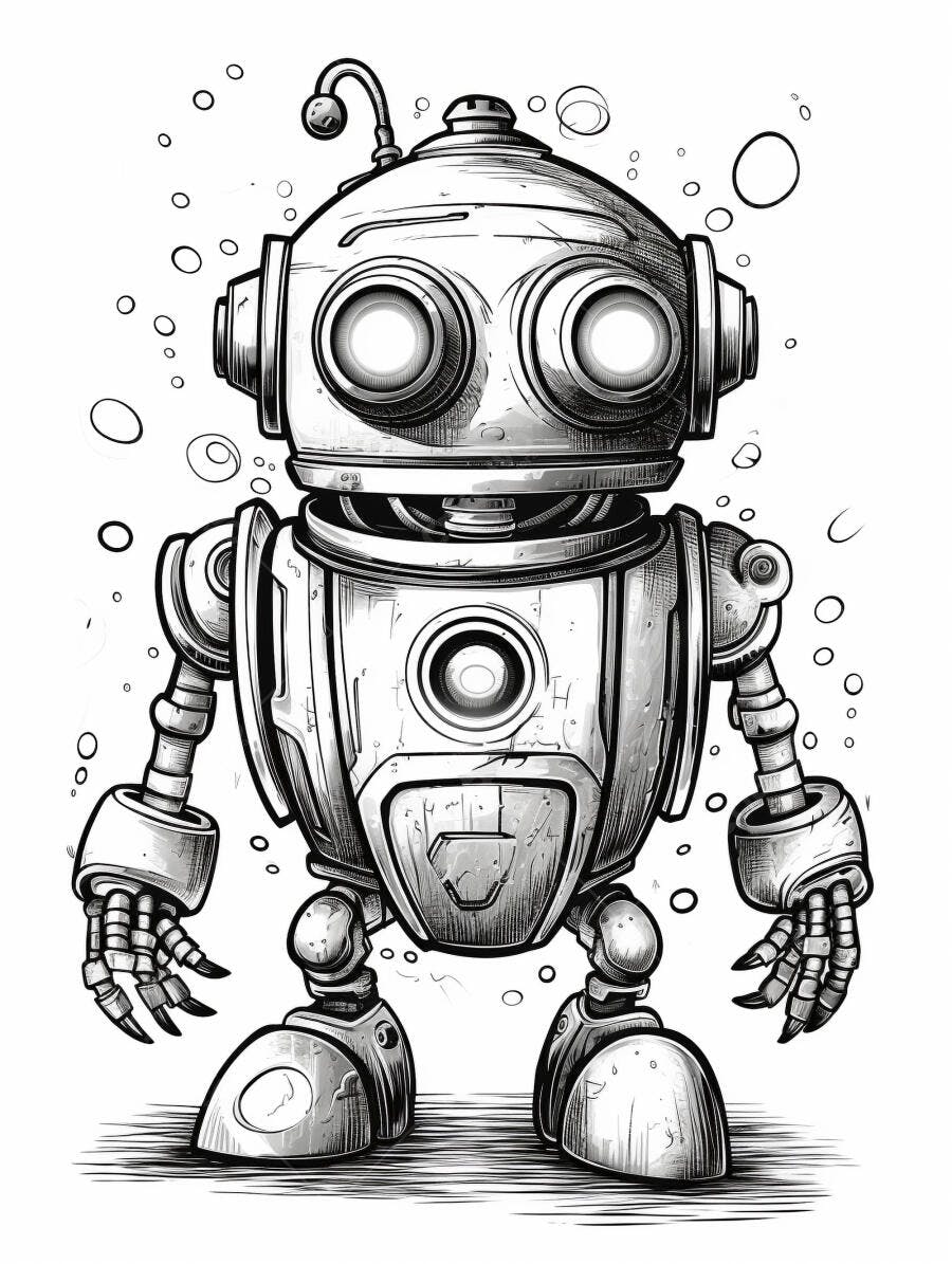 Robô fofo desenho preto e branco olhos grandes antena estilo vintage digital