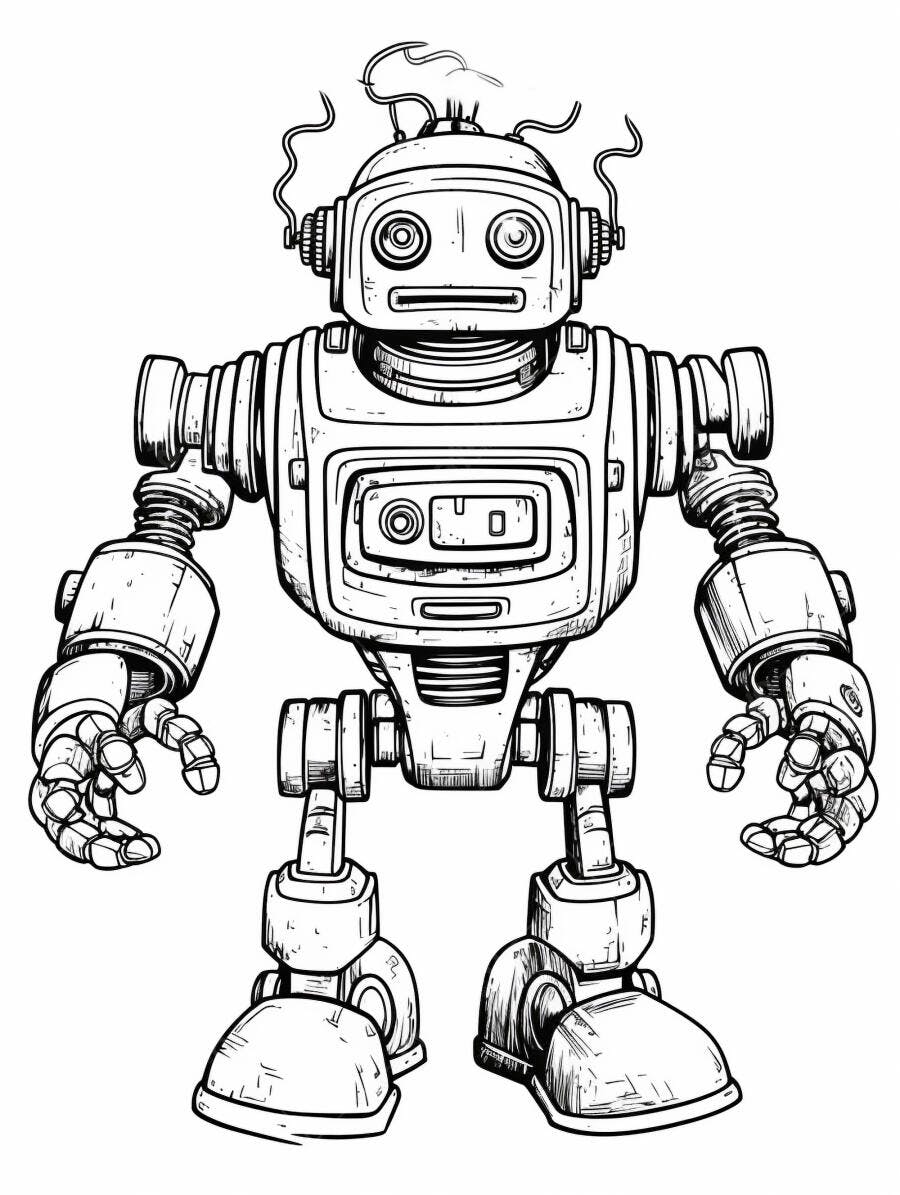 Robô de desenho animado com fiação na cabeça ilustração preto e branco