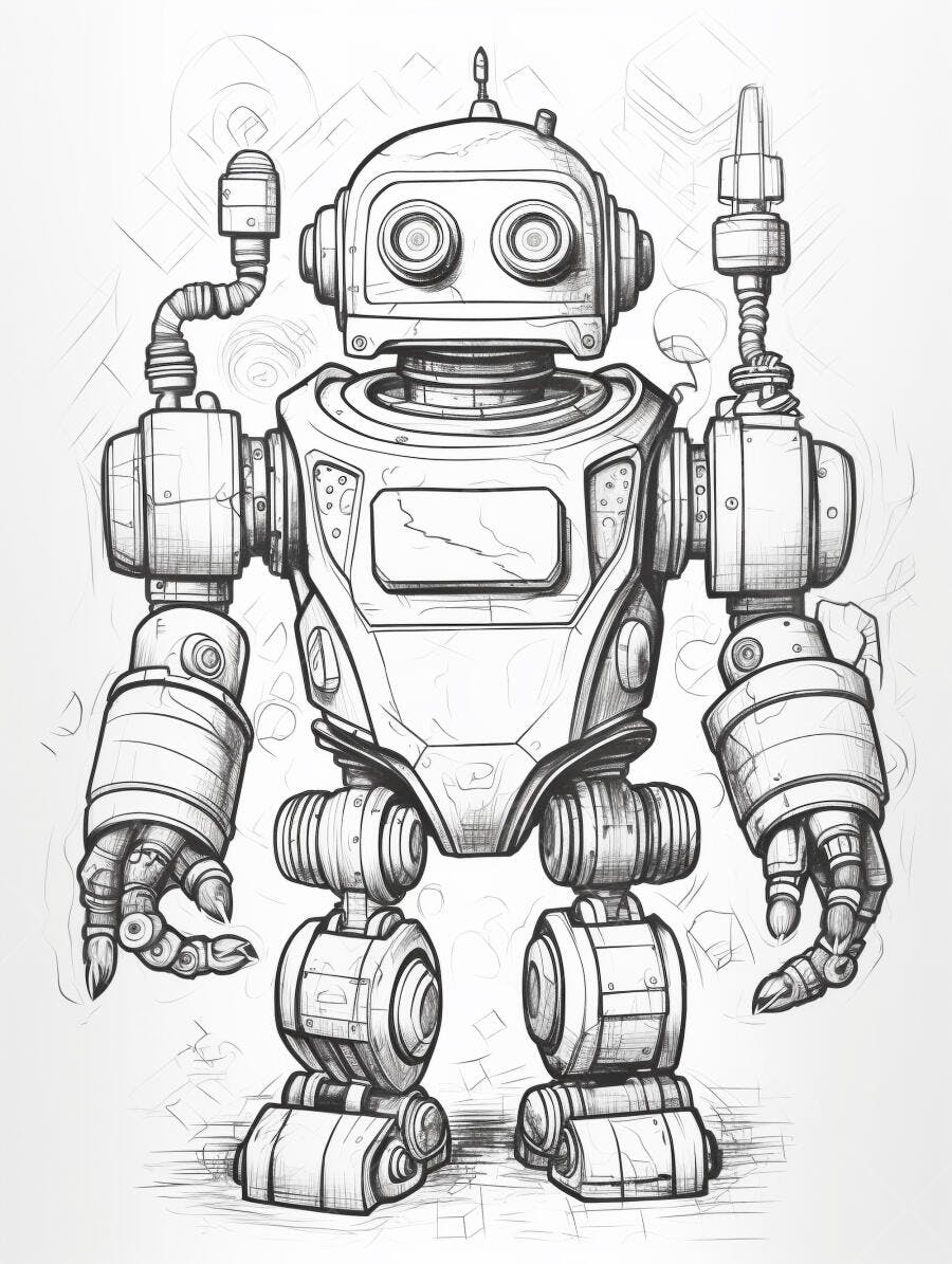 Robô vintage desenhado à mão com detalhes mecânicos em preto e branco
