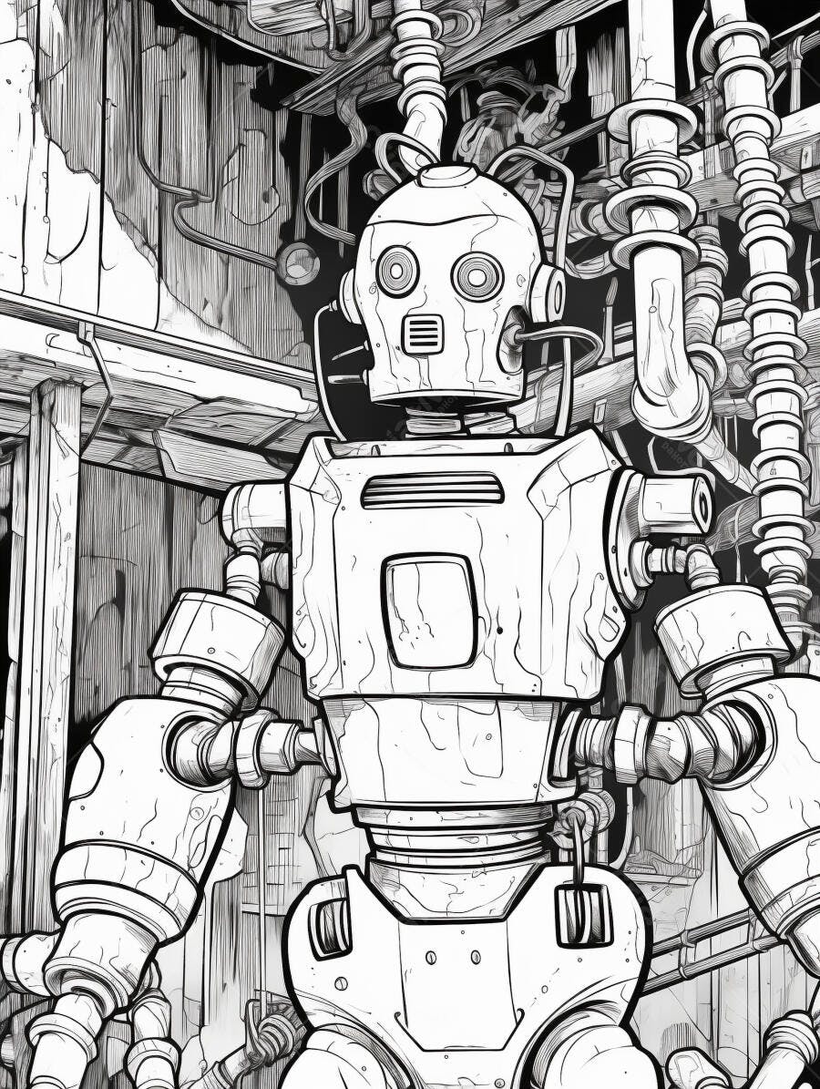 Robô estilo desenho com tubulações e fiação em cenário industrial monocromático
