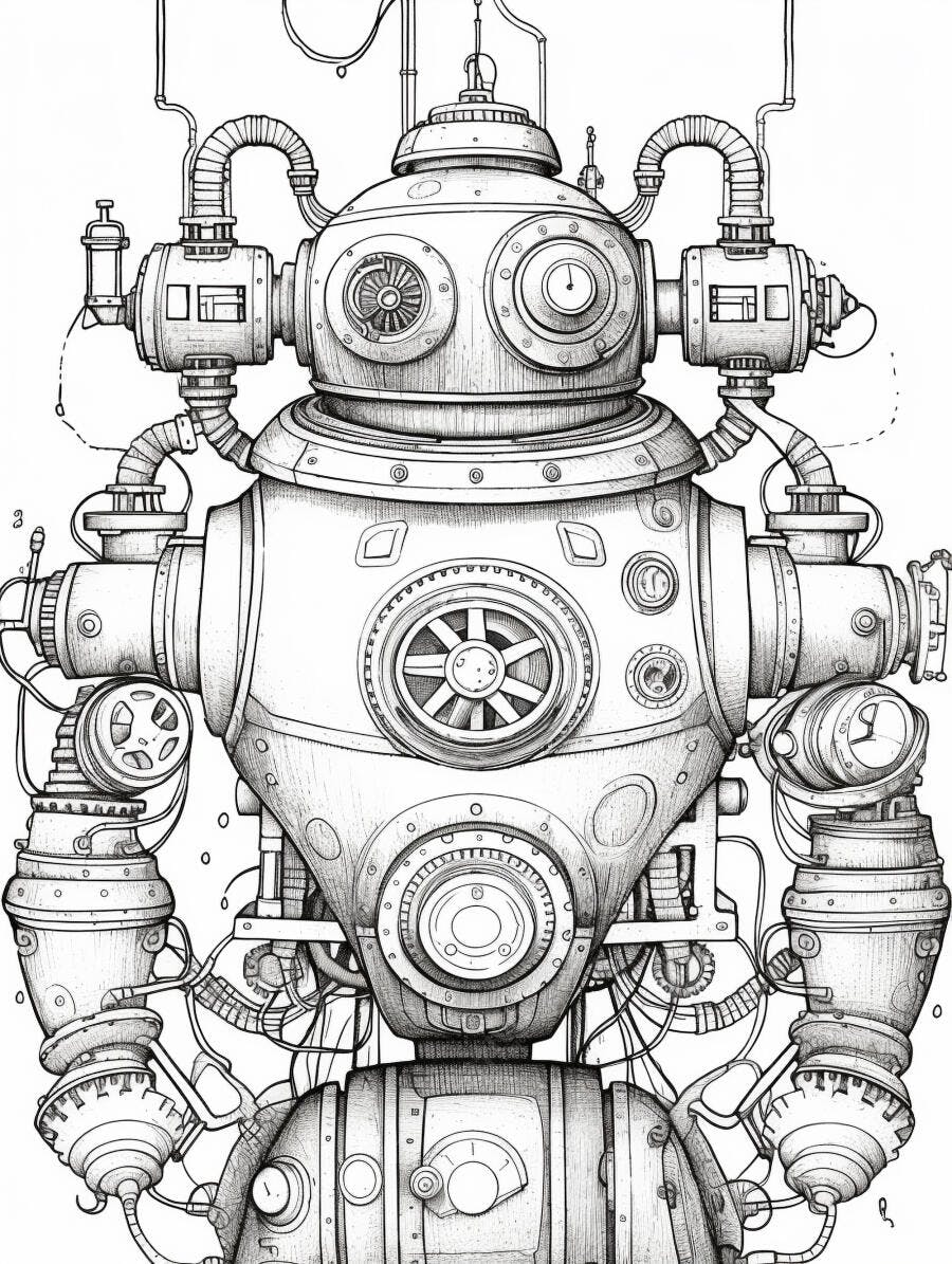 Robô steampunk complexo desenho técnico detalhes mecânicos preto e branco