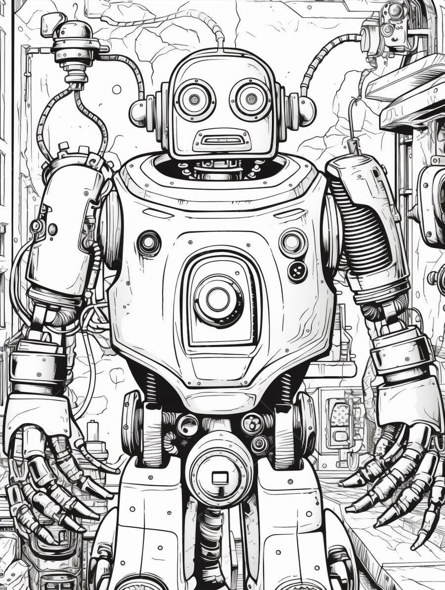 Robô antigo de desenho preto e branco em cenário industrial detalhado