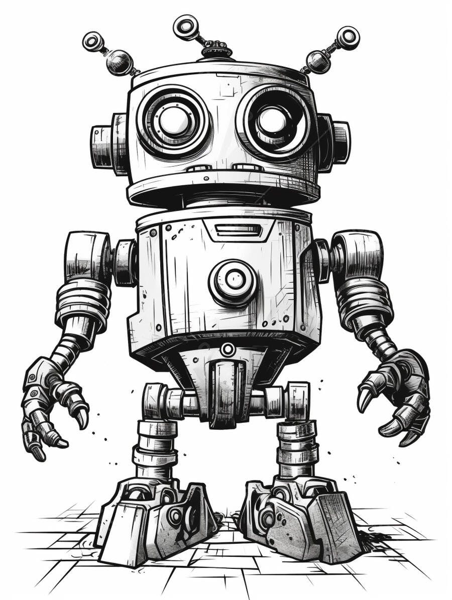 Robô vintage cinza em ilustração preto e branco com antenas e olhos grandes