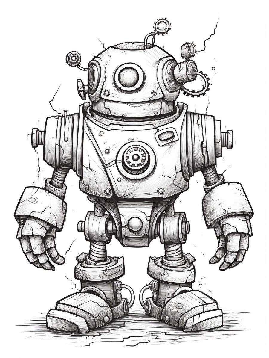 Robô steampunk vintage desenho em preto e branco com engrenagens e rachaduras