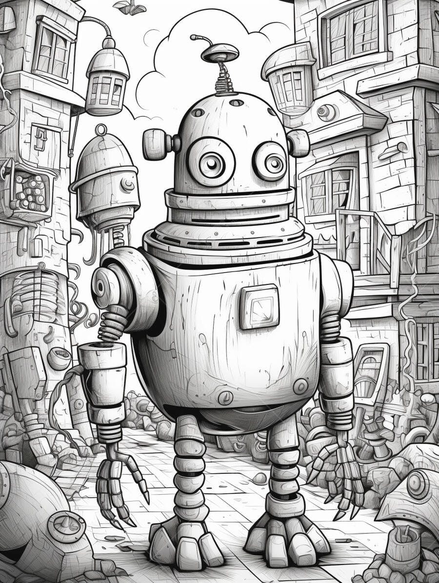 Robô vintage em rua de cidade fantástica estilo desenho animado