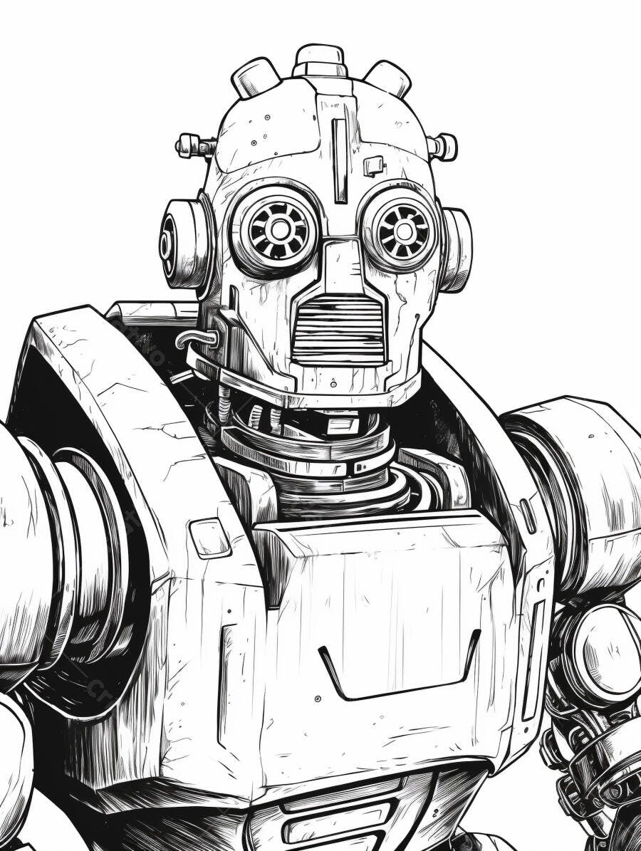 Robô vintage detalhado ilustração preto e branco em fundo neutro