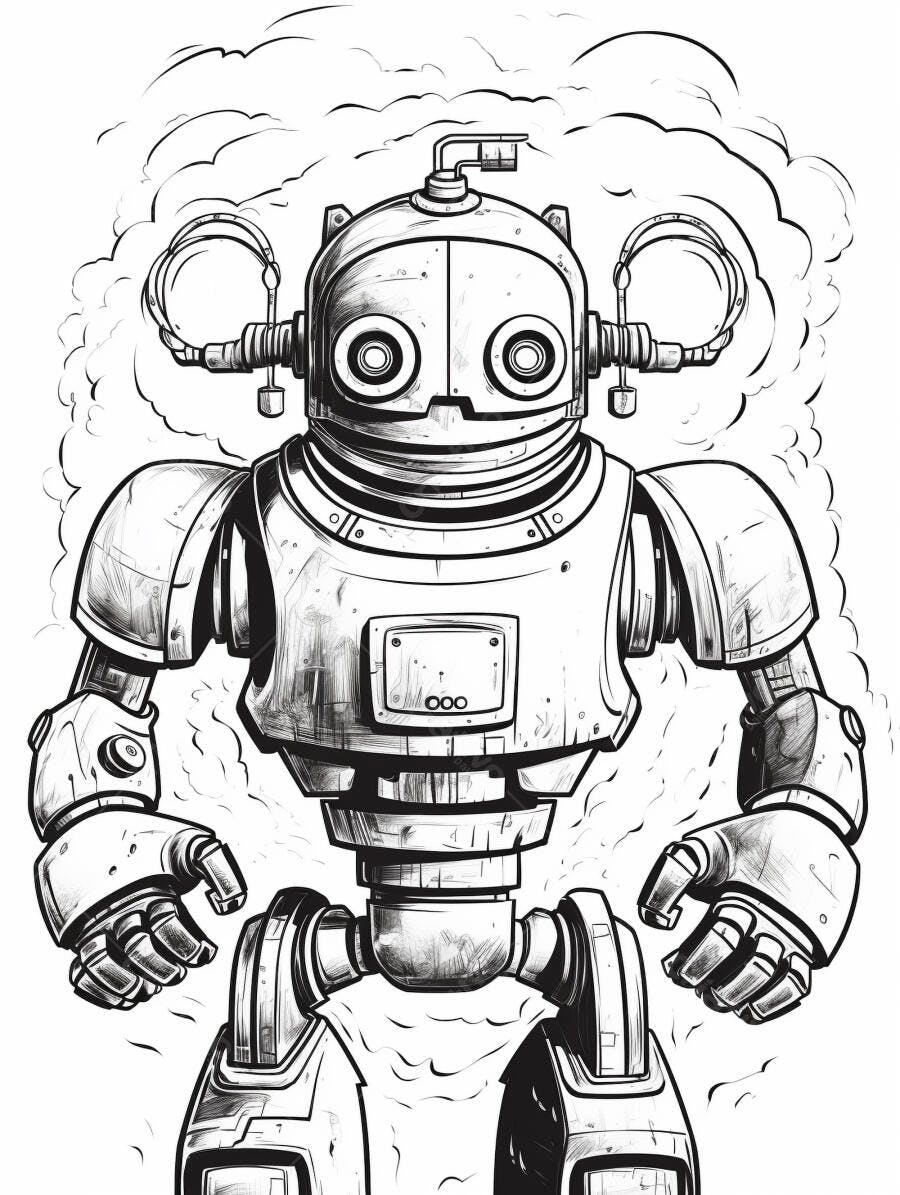 Robô mecânico vintage ilustração em preto e branco com nuvens fumaça
