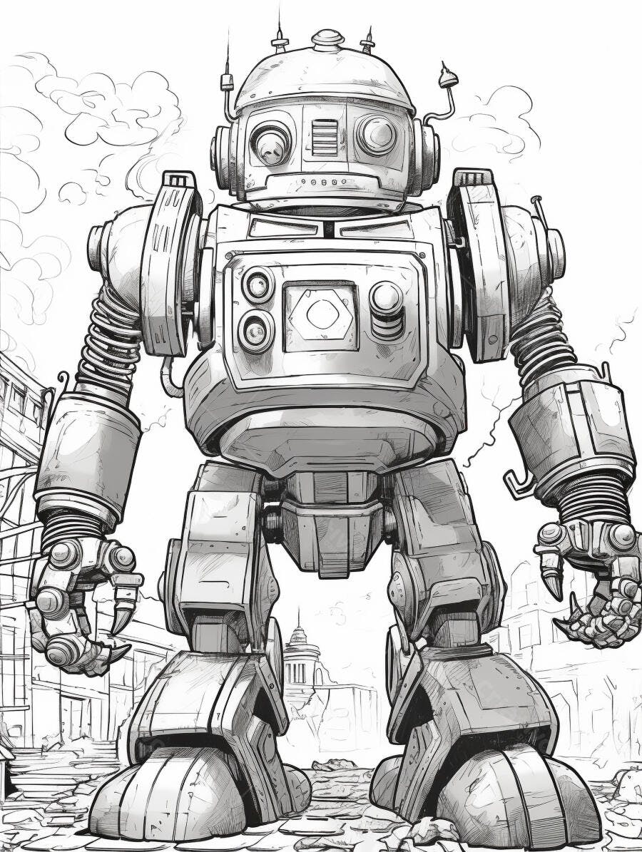 Robô gigante estilo vintage desenho urbano preto e branco