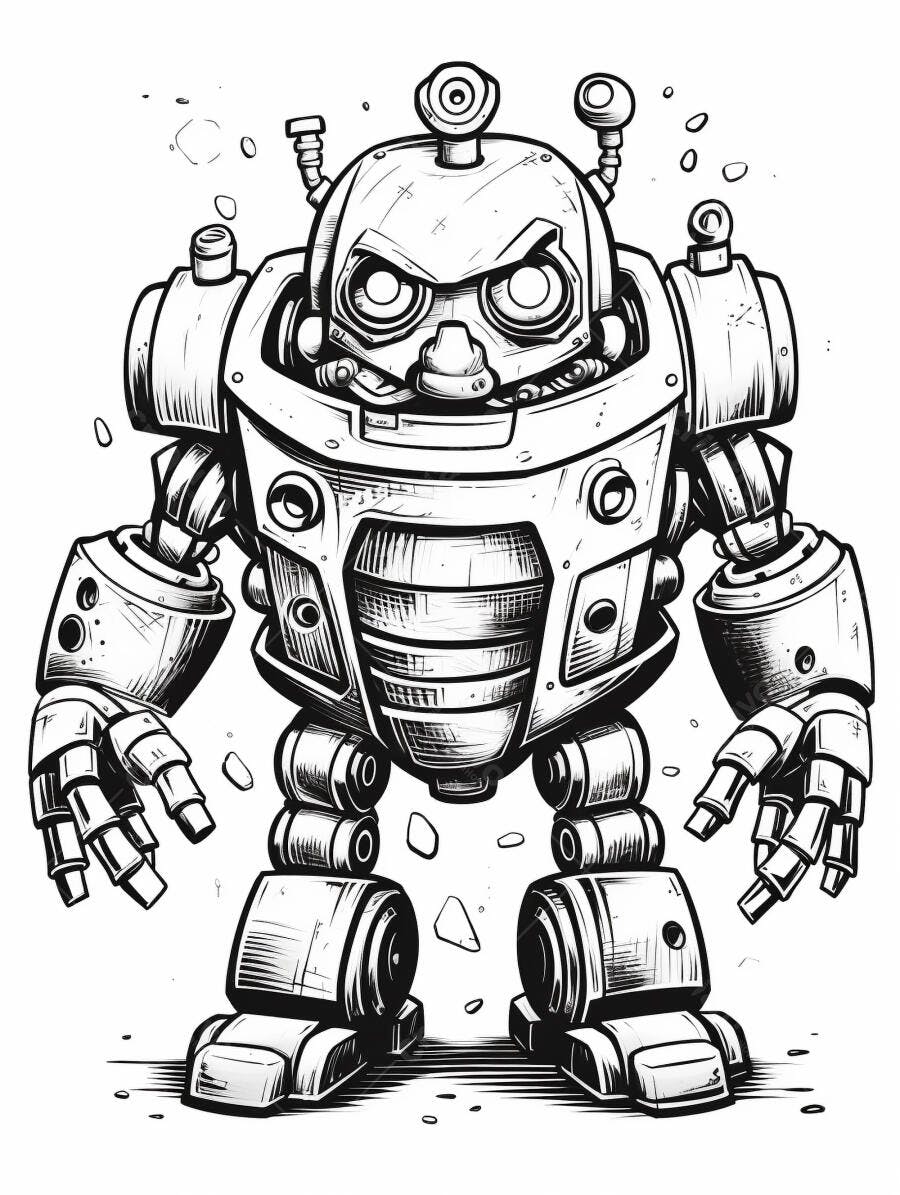 Robô zangado estilo cartoon com armadura pesada em desenho preto e branco