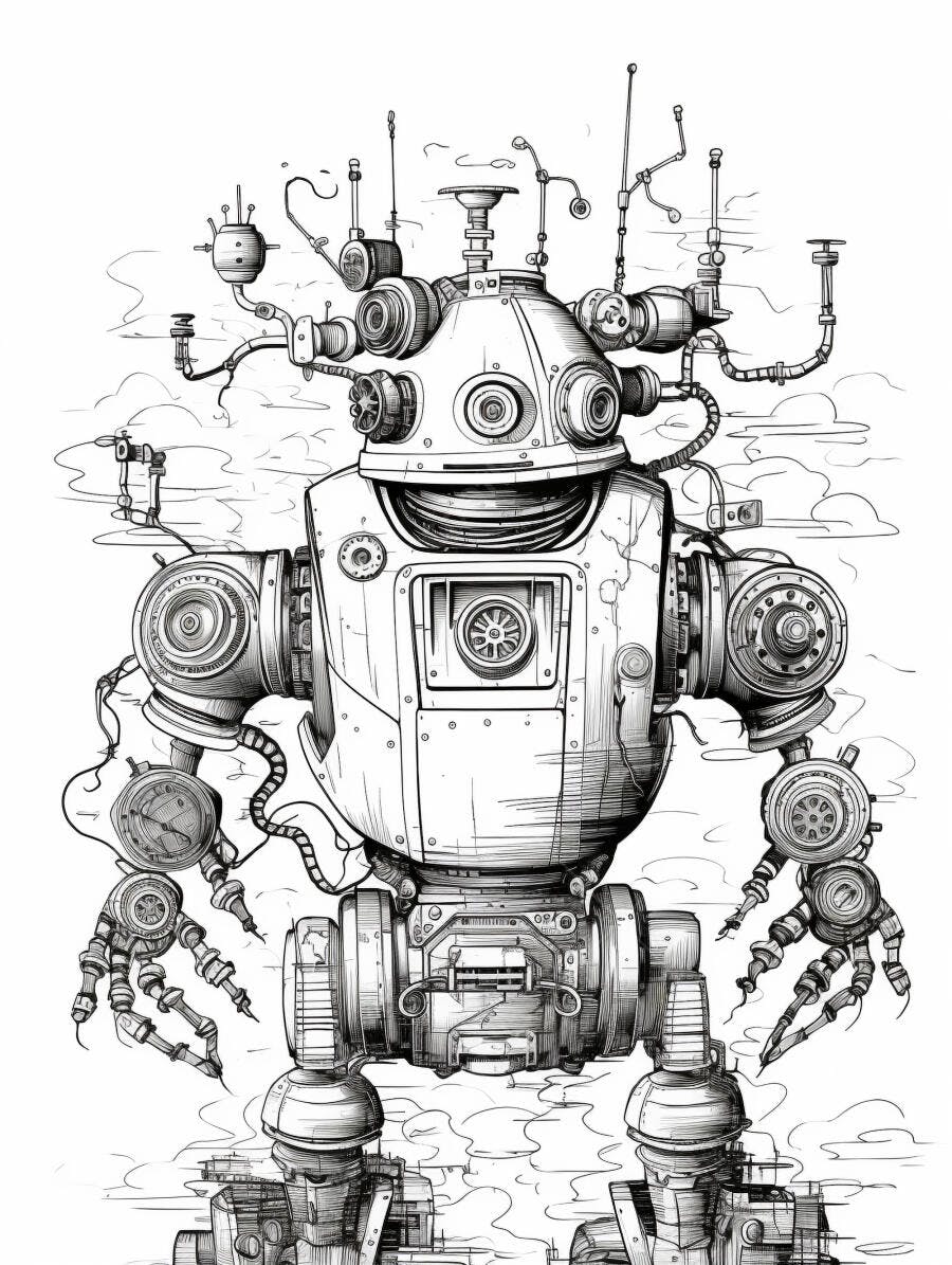 Robô estilo steampunk desenho detalhado em preto e branco