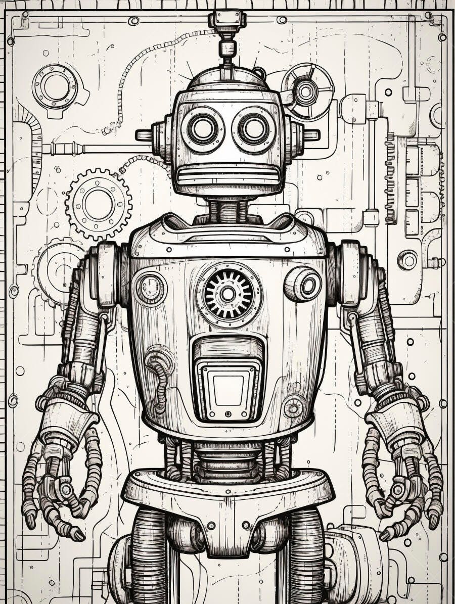 Robô detalhado ilustração monocromática estilo vintage engenharia