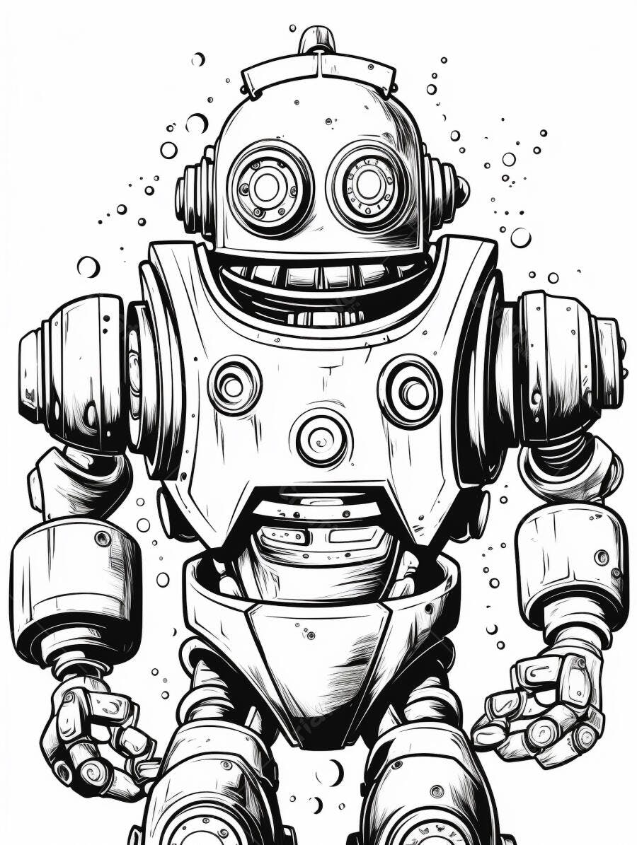 Robô sorridente estilo vintage ilustração preto e branco