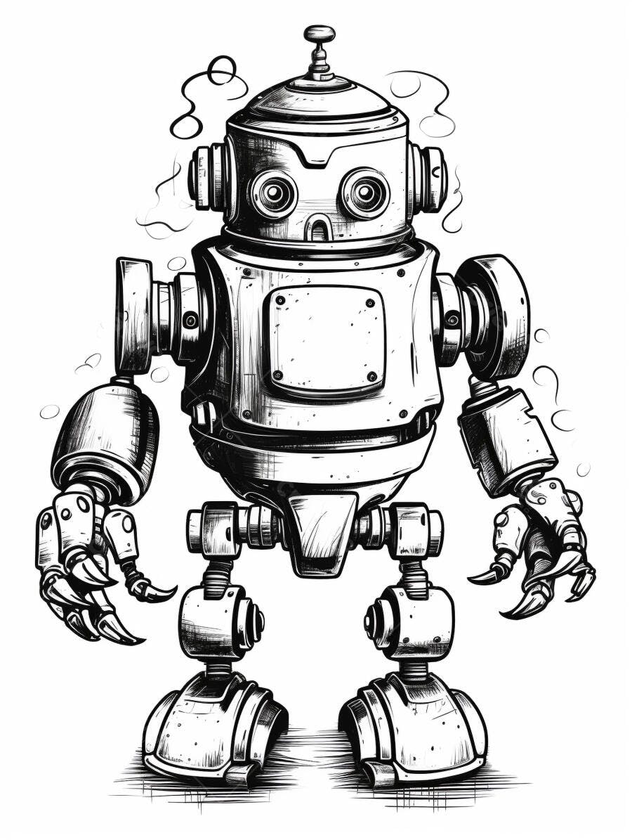Robô vintage de metal estilo cartoon com fumaça em fundo branco