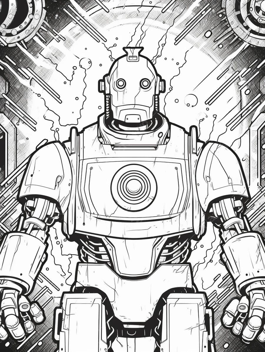 Robô humanoide estilo desenho em preto e branco com fundo futurista tecnológico